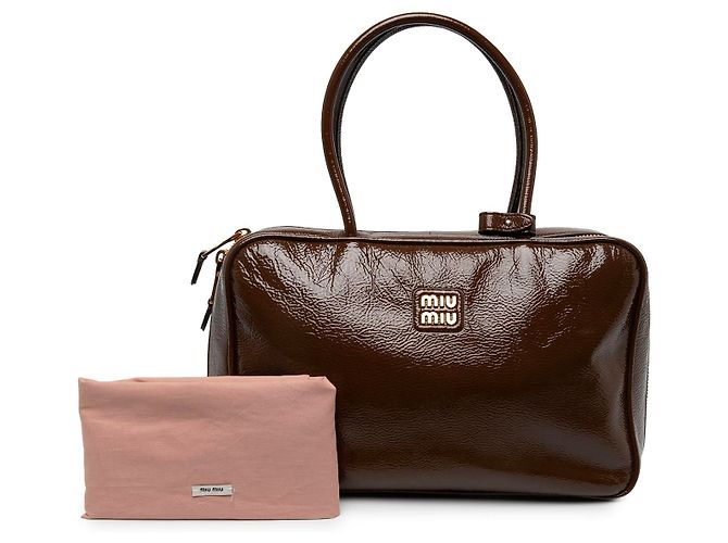 Borsa Miu Miu Beau Large in vernice Naplak marrone con logo - vista 7