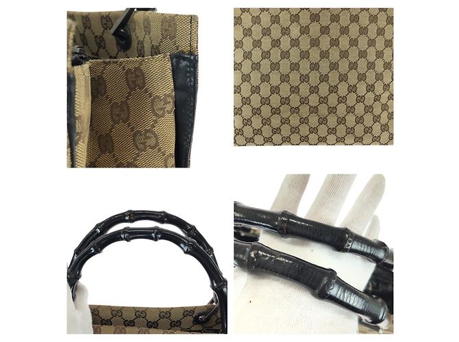 Borsa Tote Gucci Bamboo GG Canvas Marrone Beige - vista 5