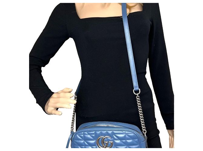 Borsa a tracolla Gucci GG Marmont Small Chain Matelassé in pelle Aria Blue - vista 6