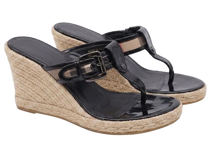 Sandali T-Strap Burberry Nova Check in pelle verniciata nera - vista 3