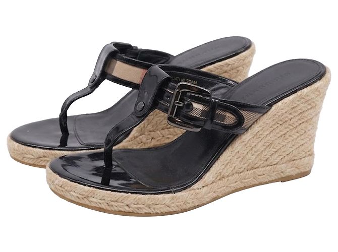 Sandali T-Strap Burberry Nova Check in pelle verniciata nera - vista 4