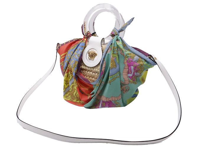 Versace gewebter Schal und La Medusa Handtasche aus multicolorigem Raffia Mehrfarben - Ansicht 2
