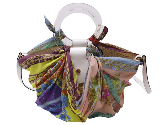 Versace gewebter Schal und La Medusa Handtasche aus multicolorigem Raffia Mehrfarben - Ansicht 4