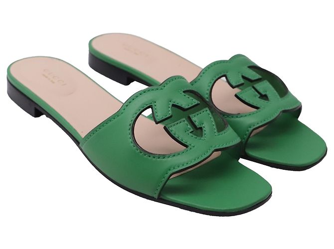 Sandali slide Gucci Interlocking G Cut-out in pelle verde - vista 2