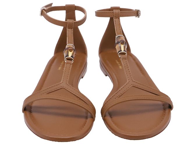 Sandali T-strap Gucci con dettagli in bambù in pelle marrone - vista 2