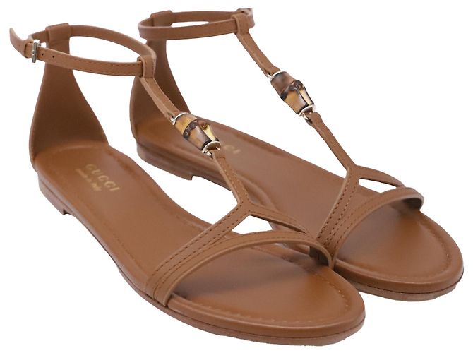 Sandali T-strap Gucci con dettagli in bambù in pelle marrone - vista 3