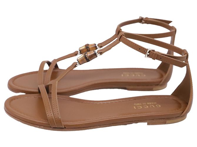 Sandali T-strap Gucci con dettagli in bambù in pelle marrone - vista 4