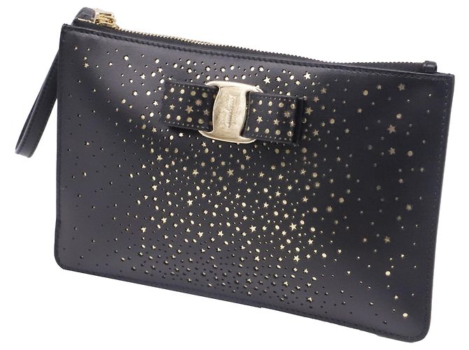 Clutch Salvatore Ferragamo in pelle nera traforata con fiocco Nero - vista 2