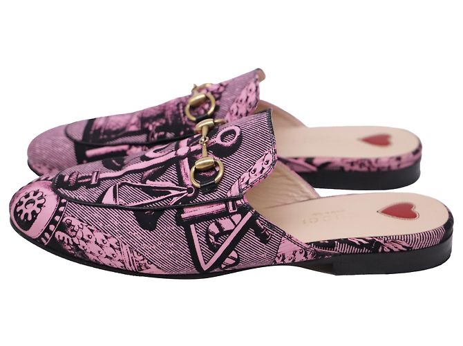 Mules stampate Gucci Princetown in tela rosa - vista 4