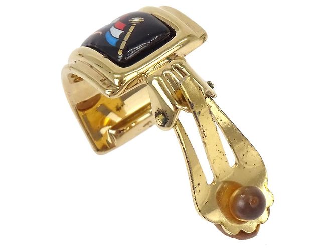 Hermès Hermes Vintage Mezza Luna Clip-On Smalto Stampato e Metallo D'oro - vista 3
