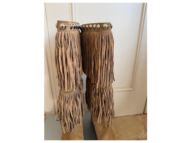 Gianmarco Lorenzi Botas altas de ante beige con flecos y tachuelas - vista 2