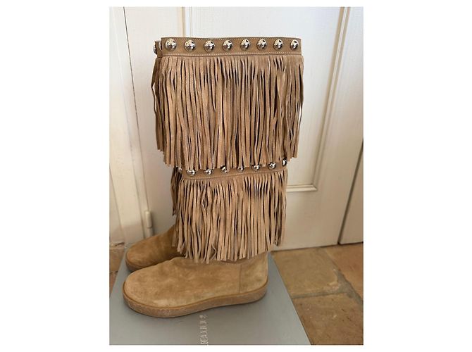 Gianmarco Lorenzi Botas altas de ante beige con flecos y tachuelas - vista 4