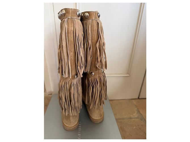 Gianmarco Lorenzi Botas altas de ante beige con flecos y tachuelas - vista 5