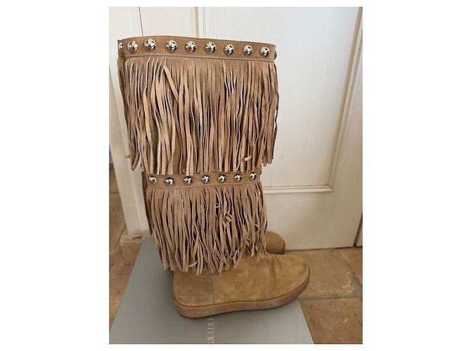 Gianmarco Lorenzi Botas altas de ante beige con flecos y tachuelas - vista 6