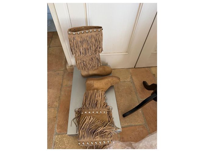 Gianmarco Lorenzi Botas altas de ante beige con flecos y tachuelas - vista 7