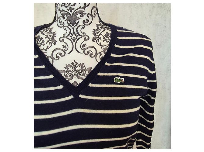 lacoste damen wollpullover v-ausschnitt gestreift marine weiß größe 44 devanlay woolmark Blau - Ansicht 2