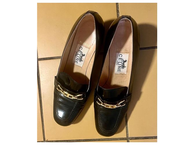 Céline Mocassini vintage in pelle nera con catena dorata Nero - vista 3