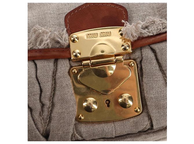 Borsa a tracolla Miu Miu Linen Beige Gold Auth 167687M D'oro - vista 19