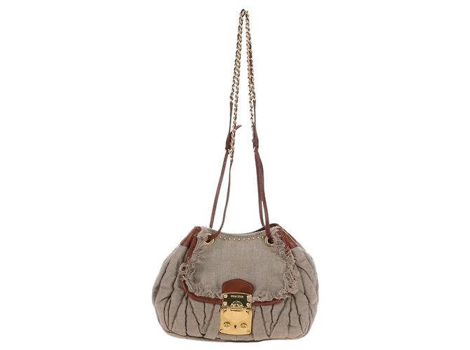 Borsa a tracolla Miu Miu Linen Beige Gold Auth 167687M D'oro - vista 2