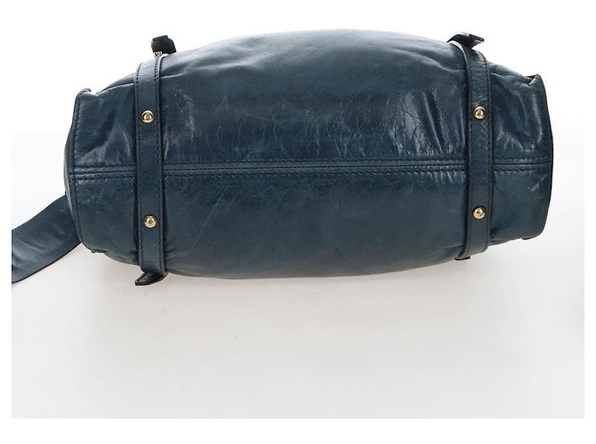 Borsa Tote Miu Miu con Fiocco Laterale in Pelle Blu Oro Auth fm5469V - vista 11