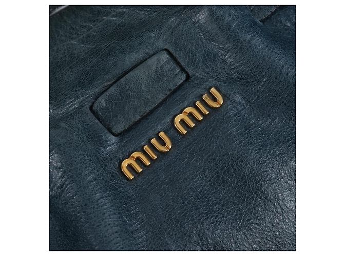 Borsa Tote Miu Miu con Fiocco Laterale in Pelle Blu Oro Auth fm5469V - vista 16