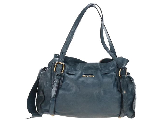 Borsa Tote Miu Miu con Fiocco Laterale in Pelle Blu Oro Auth fm5469V - vista 2