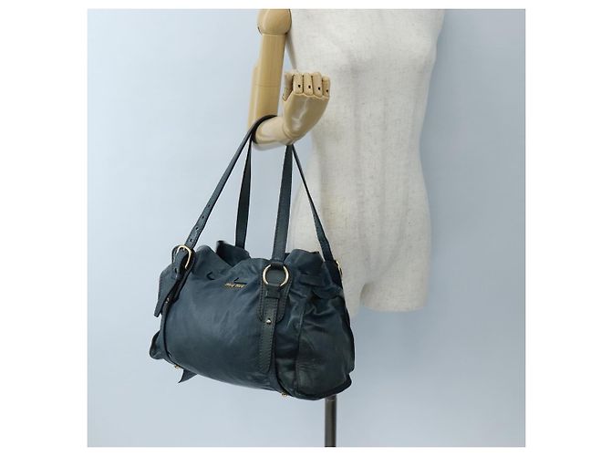 Borsa Tote Miu Miu con Fiocco Laterale in Pelle Blu Oro Auth fm5469V - vista 24