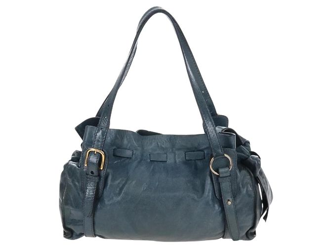 Borsa Tote Miu Miu con Fiocco Laterale in Pelle Blu Oro Auth fm5469V - vista 3