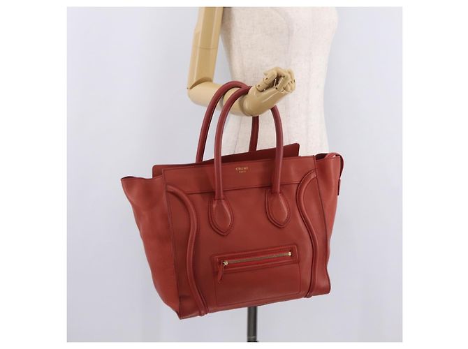 Céline CELINE Luggage Mini Shopper Hand Bag Leather Red Gold Tone Auth LN095V Rosso - vista 26