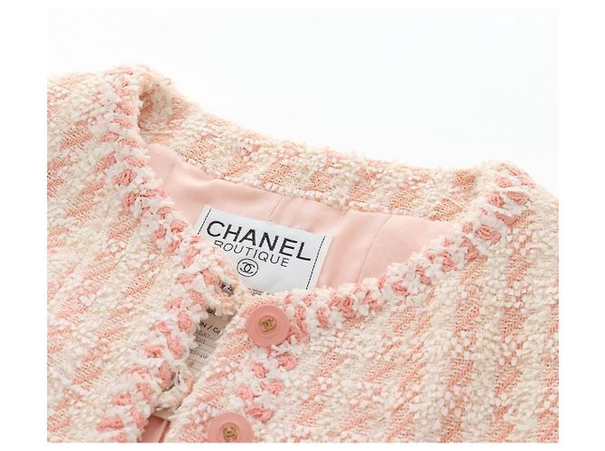 Chaqueta sin cuello CHANEL de tweed 40 Ivory Gold CC Auth 207912M - vista 13