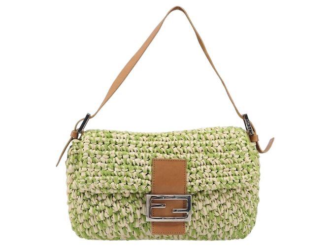 Borsa a tracolla FENDI Mamma Baguette in paglia Green Silver Auth BA15846SAV Argento Verde - vista 2