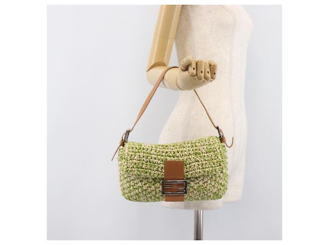 Borsa a tracolla FENDI Mamma Baguette in paglia Green Silver Auth BA15846SAV Argento Verde - vista 26