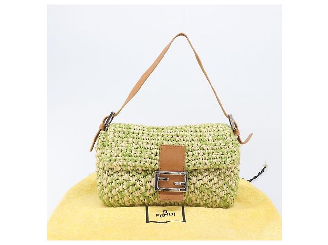 Borsa a tracolla FENDI Mamma Baguette in paglia Green Silver Auth BA15846SAV Argento Verde - vista 27