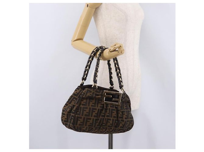Borsa a mano FENDI Zucca Canvas Chain Mia Nero Marrone Auth yk20978SAV - vista 27