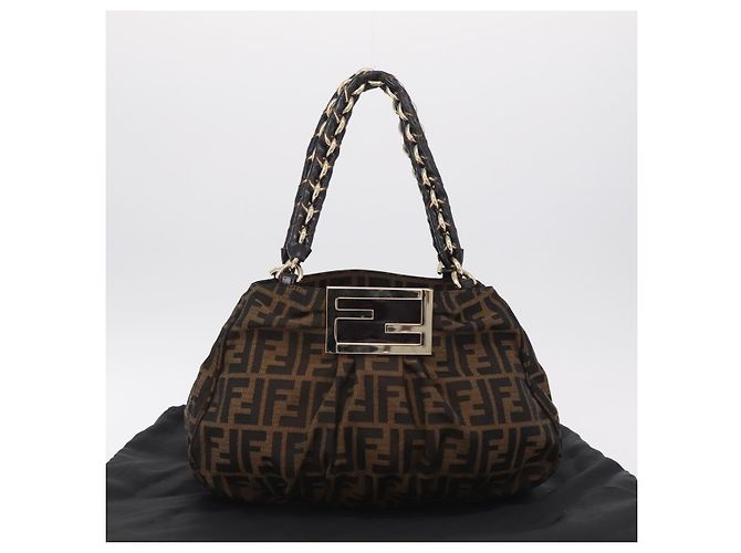 Borsa a mano FENDI Zucca Canvas Chain Mia Nero Marrone Auth yk20978SAV - vista 28