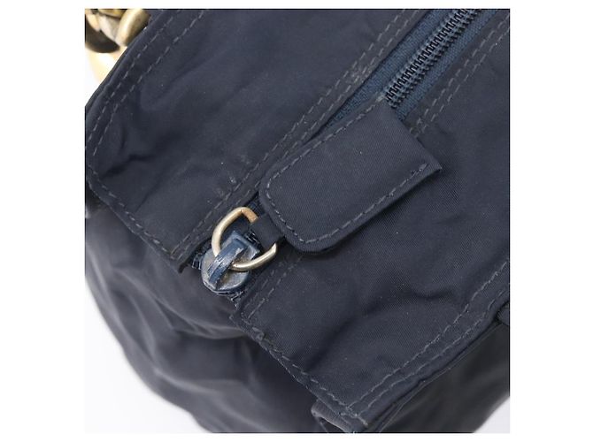 Sac à main PRADA avec poignée en métal Nylon Navy Gold Auth 207805A Doré Bleu Marine - vue 19