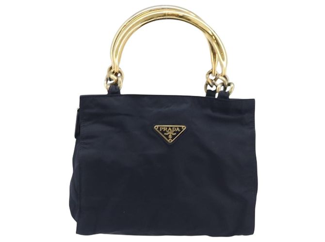 Sac à main PRADA avec poignée en métal Nylon Navy Gold Auth 207805A Doré Bleu Marine - vue 2