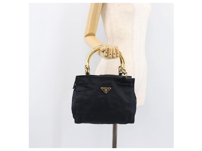 Sac à main PRADA avec poignée en métal Nylon Navy Gold Auth 207805A Doré Bleu Marine - vue 27