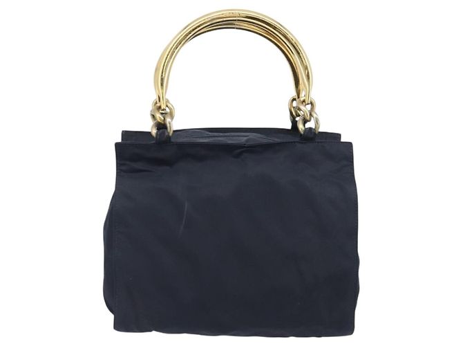 Sac à main PRADA avec poignée en métal Nylon Navy Gold Auth 207805A Doré Bleu Marine - vue 3