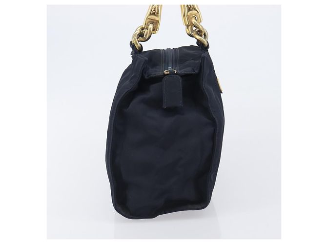 Sac à main PRADA avec poignée en métal Nylon Navy Gold Auth 207805A Doré Bleu Marine - vue 5