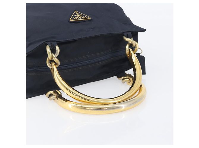Sac à main PRADA avec poignée en métal Nylon Navy Gold Auth 207805A Doré Bleu Marine - vue 7
