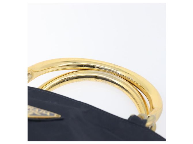 Sac à main PRADA avec poignée en métal Nylon Navy Gold Auth 207805A Doré Bleu Marine - vue 9