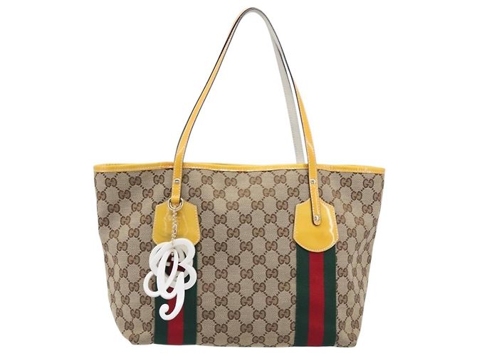 Borsa Tote GUCCI GG Canvas Web Sherry Line Beige Gold 211971 Auth 208769V D'oro - vista 2