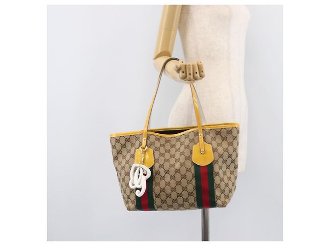 Borsa Tote GUCCI GG Canvas Web Sherry Line Beige Gold 211971 Auth 208769V D'oro - vista 24