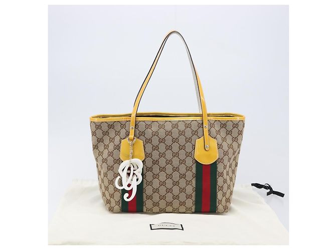 Borsa Tote GUCCI GG Canvas Web Sherry Line Beige Gold 211971 Auth 208769V D'oro - vista 25