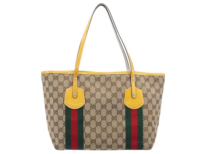 Borsa Tote GUCCI GG Canvas Web Sherry Line Beige Gold 211971 Auth 208769V D'oro - vista 3