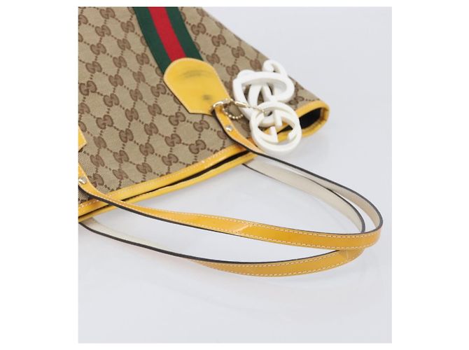 Borsa Tote GUCCI GG Canvas Web Sherry Line Beige Gold 211971 Auth 208769V D'oro - vista 7