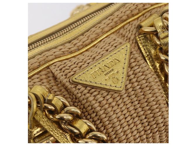 PRADA Kettenhandtasche aus Raffia Beige Goldfarben BL0352 Auth am12833M - Ansicht 17