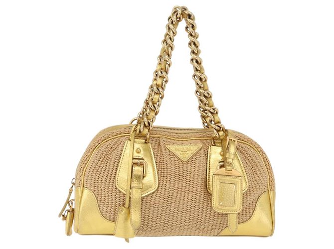 PRADA Kettenhandtasche aus Raffia Beige Goldfarben BL0352 Auth am12833M - Ansicht 2
