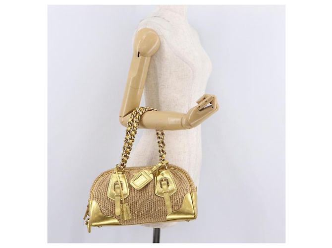 PRADA Kettenhandtasche aus Raffia Beige Goldfarben BL0352 Auth am12833M - Ansicht 31